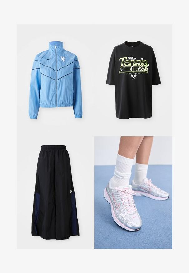 Lyseblå vindtæt jakke med høj krave, lynlås lukning, sorte accentsømme og et hvidt løve-logo på brystet. Elastiske manchetter.; Sort bomulds T-shirt med korte ærmer, der har et grønt og hvidt "Nike Tennis Club" grafisk design, samt illustrationer af en tennisbold og en racket.; Sorte vide benbukser lavet af letvægtsstof, med et marineblåt sidepanel og en elastisk talje. Lille hvidt logo nederst.; Nike løbesko med sølvnetoverdel og pink detaljer, hvide snørebånd og en struktureret sål. Båret sammen med hvide bomulds sportsstrømper.