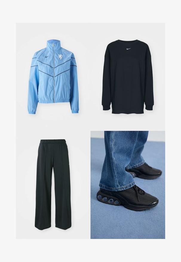 Light blue windbreaker jacket with a high collar, zip closure, black accent lines, and a white lion logo on the chest. Elastic cuffs.; Black long-sleeve T-shirt made of cotton with a crew neckline. Features a white Nike logo on the chest. Soft texture, simple design.; Black, wide-leg athletic pants with an elastic waistband. Made from smooth, stretchy fabric, featuring subtle front seams and no pockets.; Black athletic sneakers with mesh upper, textured accents, and visible air cushioning pods in the sole. Worn with blue denim jeans.