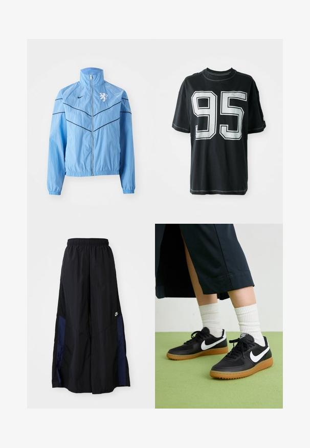 Lyseblå vindjakke med høy krage, glidelås, svarte aksentlinjer og en hvit løve-logo på brystet. Elastiske mansjetter.; Svart bomull T-skjorte med korte ermer, med hvit trykket nummer "95" foran og kontrasterende søm langs kantene.; Svarte vide bukser laget av lett stoff, med et marineblått sidestykke og elastisk midjebånd. Liten hvit logo nederst.; Sorte lær- og syntetiske joggesko med hvit Nike swoosh, gummisåle, rund tå og sorte lisser. Ribbet hvite sokker synlige.