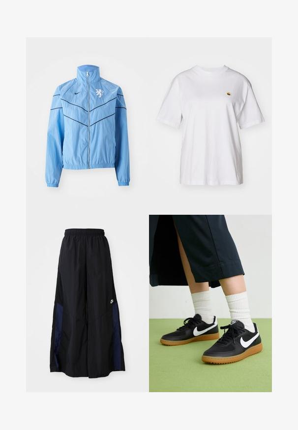 Vaaleansininen tuulenpitävä takki, jossa on korkea kaulus, vetoketjulukitus, mustat korostuslinjat ja valkoinen leijonalogo rinnassa. Kuminauhakärjet.; Valkoinen puuvillapaita rentoa istuvuutta, lyhyet hihat ja pieni kirjailtu logo vasemmassa rinta-alueessa.; Musta leveälahkeinen housu, joka on valmistettu kevyestä kankaasta. Housuissa on tummansininen sivupaneeli ja joustava vyötärö. Alhaalla on pieni valkoinen logo.; Mustat nahka- ja synteettiset urheilukengät, joissa on valkoinen Nike-merkki, kuminen pohja, pyöreä kärki ja mustat nauhat. Raitapintaiset valkoiset sukat näkyvissä.