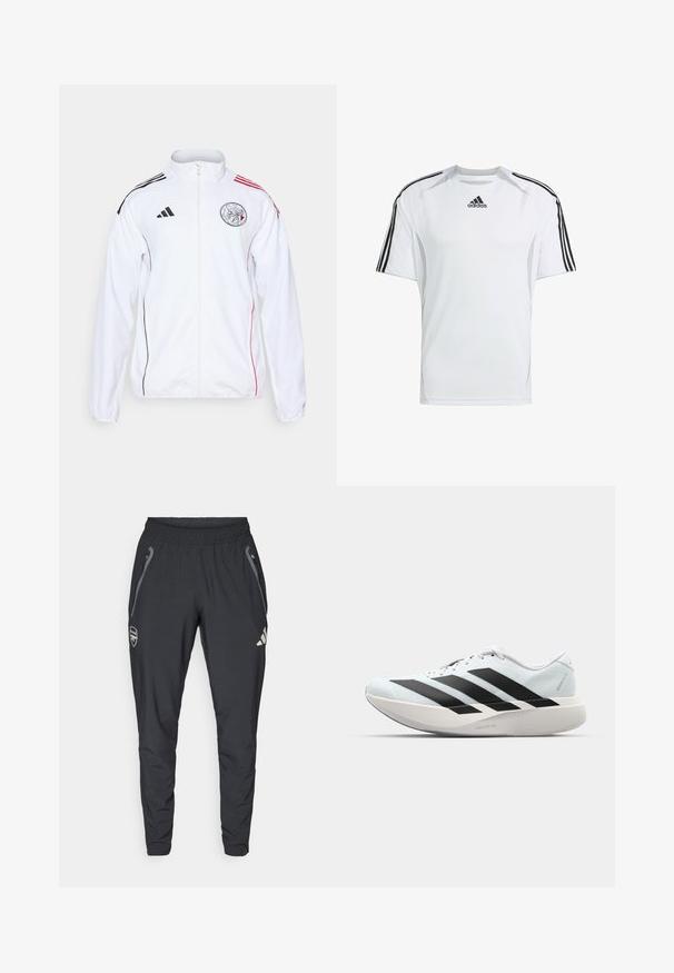 Hvid atletisk jakke med sorte og røde detaljer. Har fuld lynlås, høj krave og skulderstriber. Frontlogoet er synligt.; Hvid kortærmet træningsshirt med sorte Adidas tre-stribes detaljer på skuldrene, lavet af glat, letvægtsstof.; adidas Performance ARSENAL FC TIRO25 COMPETITION VIS TECH TRAVEL PANT - Klub merchandise - black; Letvægtige løbesko i lys blå med sorte striber. Har en glat overdel, rund tå og tyk hvid mellemsål mærket "LIGHTSTRIKE PRO."