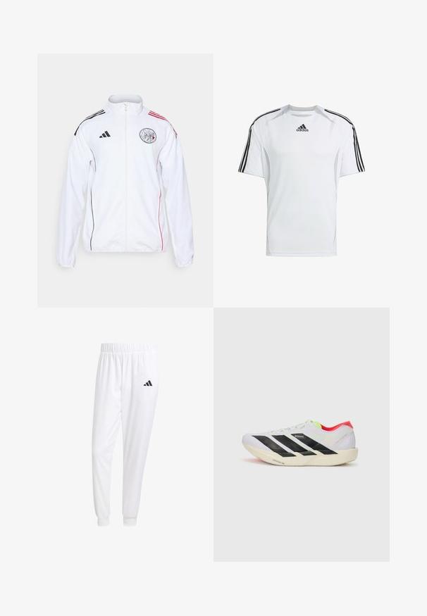 Bela športna jakna z črnimi in rdečimi poudarki. Ima poln zadrgo, visok ovratnik in črtice na ramah. Na sprednji strani je opazna podrobnost z logotipom.; Bela kratka športna majica z črnimi Adidas tremi črtami na ramenih, izdelana iz gladkega, lahkega materiala.; Bele atletske hlače iz gladkega materiala, z elastičnim pasom in prilagojenimi manšetami, na zadnjem žepu pa je črna logo.; Bela športna obutev z črnimi črtami, neonsko zelenimi poudarki in rdečo peto. Ima lahko zasnovo in teksturiran podplat za dober oprijem.