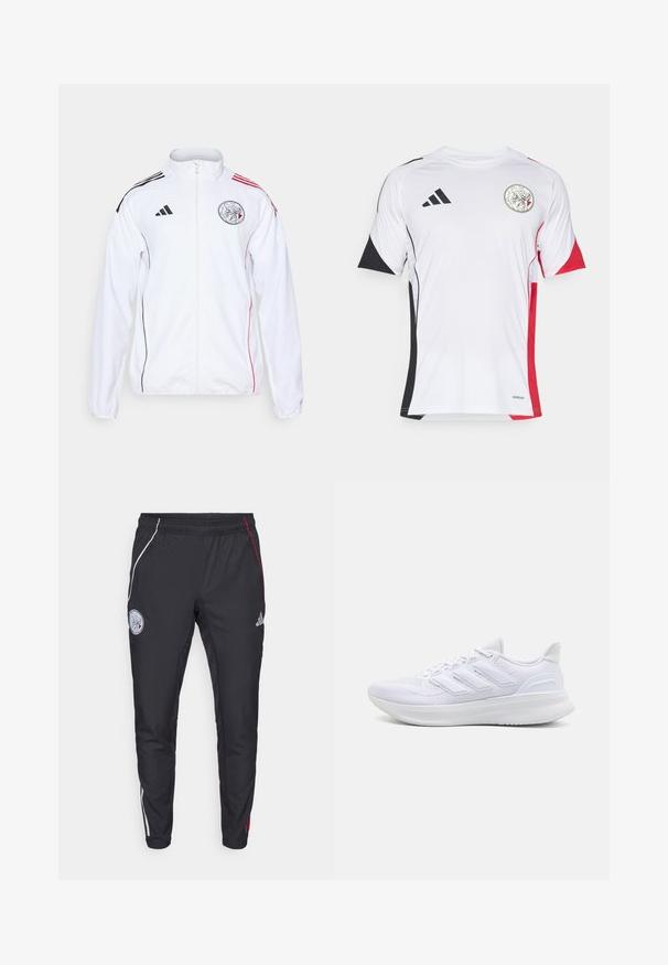 White athletic jacket with black and red accents. Features full zip, high collar, and shoulder stripes. Front logo detail visible.; White athletic jersey featuring black and red accents, short sleeves, and a round collar. Includes a logo on the front. Made of breathable material.; Black athletic pants with a tapered fit. Features white and red side stripes, an elastic waistband, and an embroidered logo on the upper thigh.; White athletic shoes featuring a textured mesh upper, supportive cushioned sole, and three stripe design on the side.