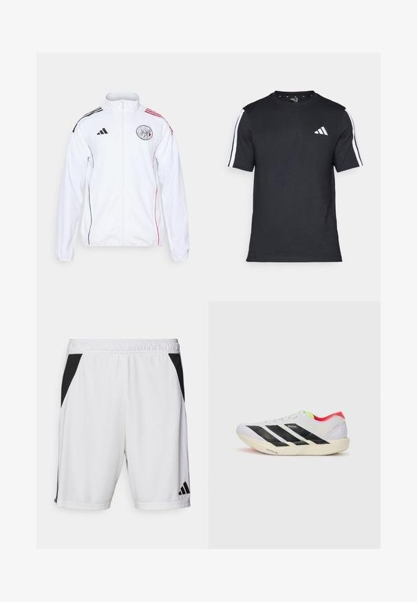 Balta sportinė striukė su juodais ir raudonais akcentais. Yra pilnas užtrauktukas, aukštas apykaklė ir peties juostos. Matoma priekinė logotipo detalė.; Juodas medvilninis marškinėlis trumpomis rankovėmis, su baltais dryžiais ant pečių ir baltu logo kairiajame krūtinėje.; Balti sportiniai šortai su juodu šoniniu paneliu, elastinga juostos ir Adidas logotipu apatiniame dešiniajame kojoje. pagaminti iš lengvos medžiagos.; Baltos bėgimo bateliai su juodomis juostelėmis, neoninių žalių akcentų ir raudonu kulnu. Jie pasižymi lengvu dizainu ir tekstūruotu padu, kuris suteikia sukibimą.