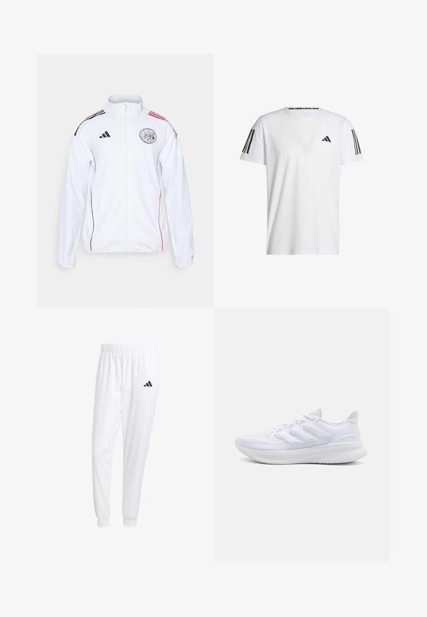 Bílá sportovní bunda s černými a červenými akcenty. Má plný zip, vysoký límec a pruhy na ramenou. Na přední straně je viditelný detail loga.; Bílé tričko s krátkým rukávem vyrobené z prodyšné tkaniny, s černým trojúhelníkovým logem a třemi černými pruhy na každém rameni.; Bílé sportovní kalhoty vyrobené z hladkého materiálu, s elastickým pasem a přiléhavými manžetami, s černým logem na zadní kapse.; Bílé sportovní boty s texturovaným síťovaným svrškem, podpůrnou polstrovanou podrážkou a třemi pruhy na boku.