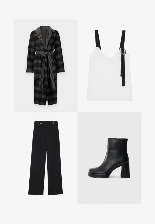 Black and grey plaid long coat with a wide collar, matching belt, and textured lining. Features long sleeves and a relaxed fit.; White sleeveless top with a V-neck, featuring black straps and a silver ring detail. Smooth fabric and a modern, minimalist design.; Black wide-leg trousers with high waist, button details on waistband, and front pleats.; Black leather ankle boot with a block heel and platform sole, viewed from the side on a plain white background.