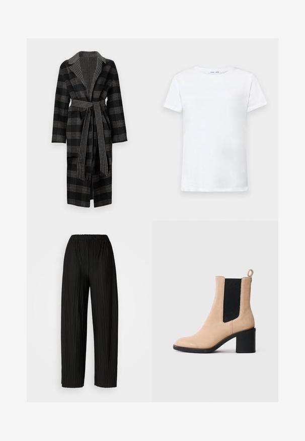 Fekete és szürke kockás hosszú kabát széles gallérral, hozzáillő övvel és texturált béléssel. Hosszú ujjakkal és laza szabással rendelkezik.; Fehér, rövid ujjú póló, pamutból készült, kerek nyakkivágással. Sima textúrájú, egyenes vonalú, minta vagy díszítés nélkül.; Fekete, pliszírozott, bőszárú nadrág rugalmas derékkal. Az anyag függőleges pliszékkel és sima textúrával rendelkezik.; Beige velúr bokacsizma, blokk sarkú, fekete elasztikus betéttel és hátsó húzófüllel. Sima textúra és kerek orr kialakítás.