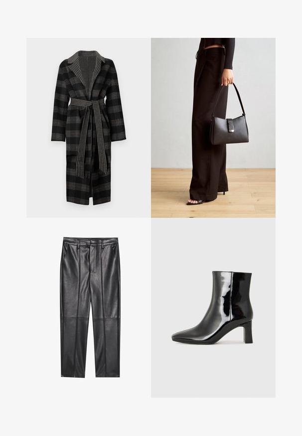 Mustvalge ruuduline pikk mantel laiade krae ja sobiva vöögiga, tekstuurse voodriga. Omab pikki varrukaid ja lõdvestunud lõiget.; Punane pikakäistega topp ribatud kangast, millel on lai kaelus ja keha lähedane siluett. Sile tekstuur, vertikaalsed triibud.; Mustad nahkpüksid sileda tekstuuriga, sirge lõikega, kahe eesmine taskuga ja nähtavate õmblusteta.; Must-sinine nahkjalats musta läikiva viimistlusega, millel on terav nina ja keskmise kõrgusega plokk konts. Sile tekstuur ja minimalistik disain.; Must musta kott, millel on struktureeritud kuju, sile tekstuur ja metallist klamber. Kombineeritud laiate mustade pükstega ja avatud varvaste sandaalidega puidust põrandal.