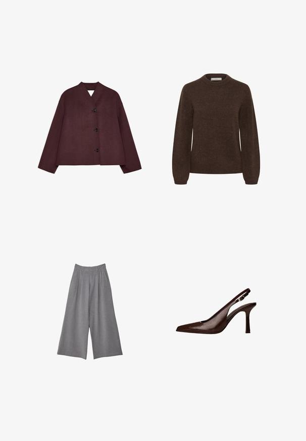 Maronfarvet jakke med et cropped design, brede ærmer og en dyb V-udskæring. Har fire sorte knapper fortil og tekstureret stof.; Brun strikket sweater med rund halsudskæring, lange ærmer og en blød tekstur, der har et enkelt design uden mønstre eller udsmykninger.; Grå brede bukser i tekstureret stof med plisser ved taljen og to sidelommer. Designet med en mellemhøj pasform.; Brune læder slingback pumper med spids tå og en tynd hæl. Har en lille accentspænde på remmen og en blank finish.