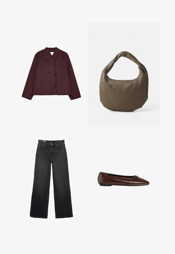 Maronfarvet jakke med et cropped design, brede ærmer og en dyb V-udskæring. Har fire sorte knapper fortil og tekstureret stof.; Lys beige crew neck sweater lavet af blødt strikket stof. Har lange ærmer og ribkantede manchetter, med en afslappet pasform og et minimalistisk design.; Sorte bredbensjeans lavet af denim. Har et klassisk fem-lomme design, en lige silhuet og en front knaplukning.; Brun læder balletflade med en glat tekstur, spids tå og en sløjfeakcent foran, der har en lav sort gummisål.; Vevet olivengrøn håndtaske med en rund form og et snoet håndtag. Den teksturerede overflade har et diagonalt mønster. Lynlåslukning.