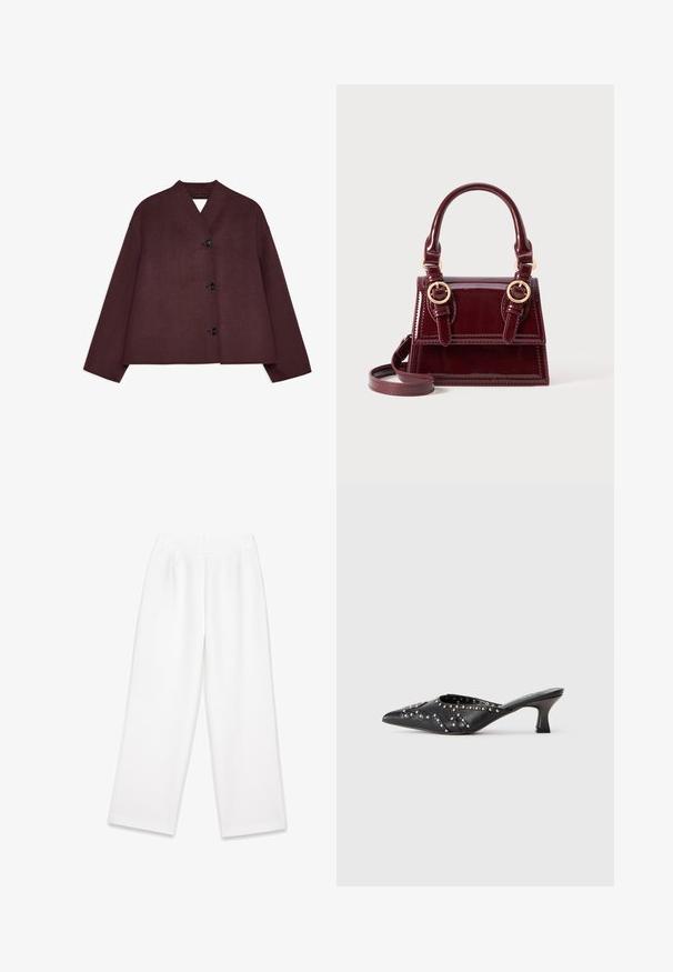 Bordowa kurtka o skróconym kroju, szerokich rękawach i głębokim dekolcie w kształcie litery V. Zawiera cztery czarne guziki z przodu oraz fakturowany materiał.; Czarny gorset z regulowanymi cienkimi ramiączkami, ozdobiony teksturowanym wzorem w panterkę oraz strukturalnym panelem.; Białe, szerokie spodnie z gładkiego materiału, z przodu z zakładkami, zapinane na zamek błyskawiczny, z paskami na pasek. Brak widocznych wzorów lub akcentów.; Czarne skórzane mule ze szpiczastym noskiem, zdobione wszytymi wzorami i krótkim, ukośnie ustawionym obcasem typu kitten.; Burgundowy lakierowany skórzany torebka z podwójnymi uchwytami u góry, złotymi akcentami i odpinanym paskiem na ramię. Prostokątny kształt z kontrastowym przeszyciem.