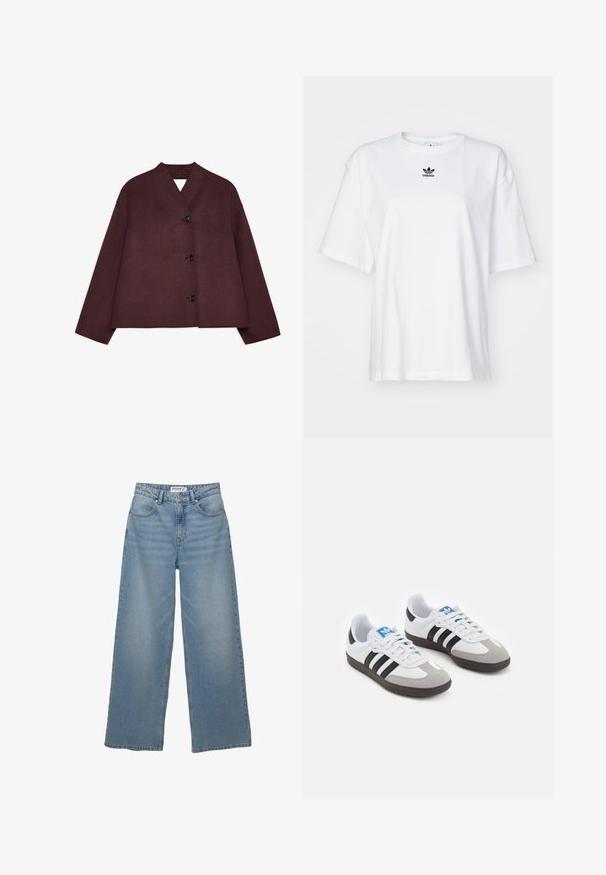 Maronfarvet jakke med et cropped design, brede ærmer og en dyb V-udskæring. Har fire sorte knapper fortil og tekstureret stof.; Hvid kortærmet t-shirt lavet af bomuld. Har en rund halsudskæring og et lille sort Adidas-logo på brystet. Lige skåret kant.; Lys blå vidde jeans lavet af denim. Har høj talje, fem lommer og lige pasform med minimal fading.; Sportsko med en overdel i hvid læder, grå ruskind på tåen og tre sorte striber. Har et blåt logo på tungen og en struktureret gummisål.