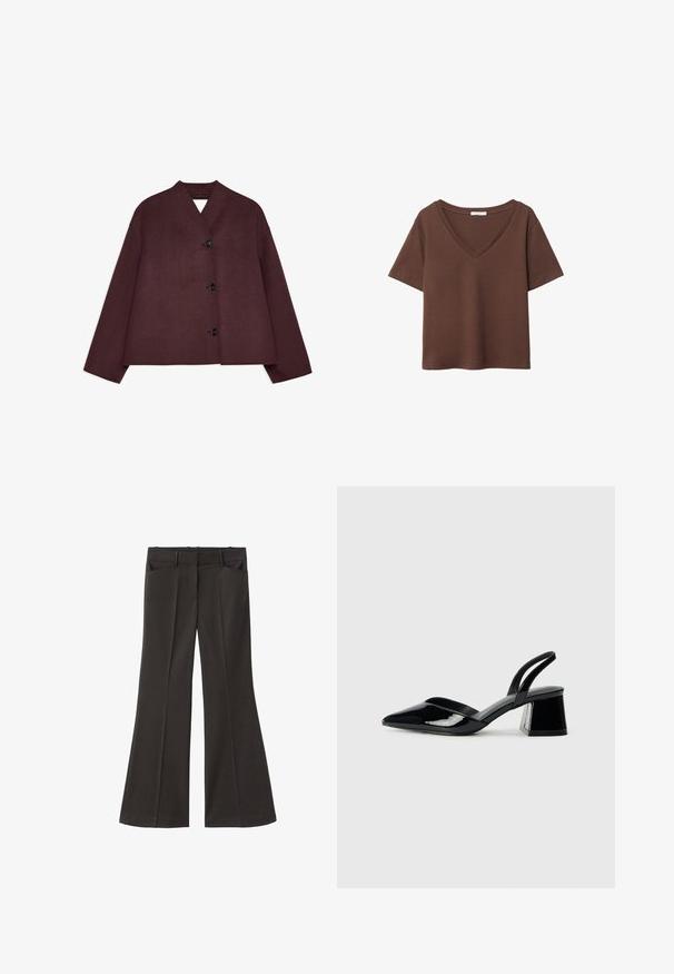 Maronfarvet jakke med et cropped design, brede ærmer og en dyb V-udskæring. Har fire sorte knapper fortil og tekstureret stof.; Brun bomulds t-shirt med korte ærmer og dyb V-hals. Enkel design, blød tekstur og lige kant. Ingen mønstre eller detaljer.; Sorte flagrende bukser med høj talje; har to forlommer og en glat stofstruktur. Egnet til forskellige anledninger.; Sorte patentlæder slingback hæle med spids tå og en geometrisk blok hæl. Har et elegant, minimalistisk design og en glat tekstur.