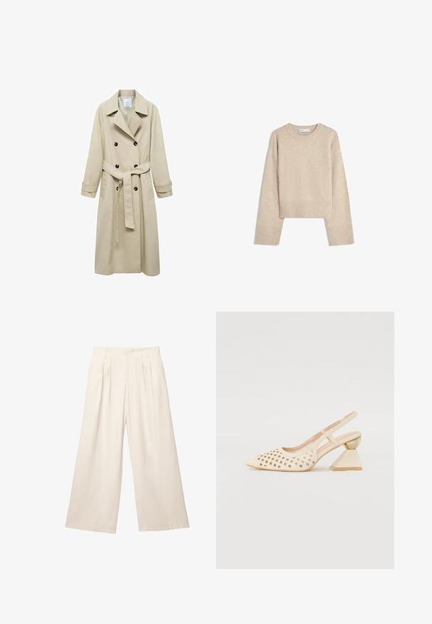 Beige trench coat made of cotton blend, featuring double-breasted button closure, wide lapels, belted waist, and two side pockets.; Beige cropped sweater made of soft knit material. Features a round neckline, long sleeves, and ribbed cuffs and hem for added texture.; Wide-leg trousers in a light beige color with a soft, textured fabric. Features front pleats and an elastic waistband for a relaxed fit.; Beige slingback shoe with perforated upper, pointed toe, and a contrasting triangular heel featuring a gold accent. Smooth texture overall.
