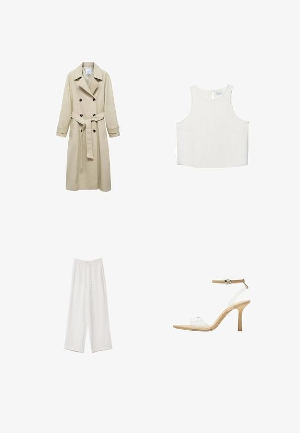 Beige trench coat made of cotton blend, featuring double-breasted button closure, wide lapels, belted waist, and two side pockets.; White sleeveless top with a round neckline, featuring a subtle texture, keyhole back detail, and a straight hemline.; White wide-leg trousers made from a lightweight fabric. Features an elastic waistband with a drawstring and side pockets. Smooth texture.; Clear heeled sandal with a transparent upper, beige footbed, and a slender ankle strap. Features a pointed toe and a thin high heel.