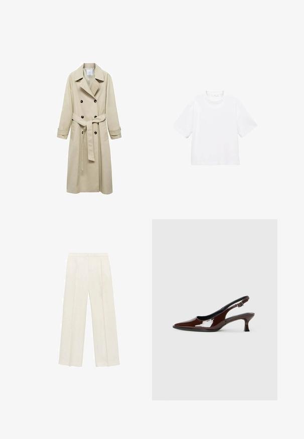 Bež trench plašč iz mešanice bombaža, s podvojeno zaponko, širokimi ovratniki, pasom z obljubo in dvema stranskima žepoma.; Bela bombažna majica s kratkimi rokavi in okroglo ovratnikom. Preprost dizajn, ohlapen kroj, gladka tekstura. Brez vzorcev ali vidnih poudarkov.; Hlače širokih nogavic v svetli kremni barvi. Narejene iz gladkega materiala s plitkimi naborki spredaj in stranskimi žepi.; Rjavi lakirani slingback čevelj z ostro konico in zmerno peto. Ima zaponko za varno prileganje. Gladka tekstura.