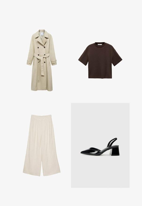 Beige trenchcoat i bomullsblandning, med dubbelknappade stängning, breda slag, bälte i midjan och två sidofickor.; Brun kortärmad t-shirt i mjuk bomull. Har en rund halsringning och en boxig passform, med en slät textur och inga synliga mönster.; Linnenbyxor med vida ben i en ljusbeige färg, med en plisserad design och ett elastiskt midjeband för komfort och enkel användning.; Svarta lackläder slingback klackar med spetsig tå och geometrisk klack. Har en elegant, minimalistisk design och slät yta.