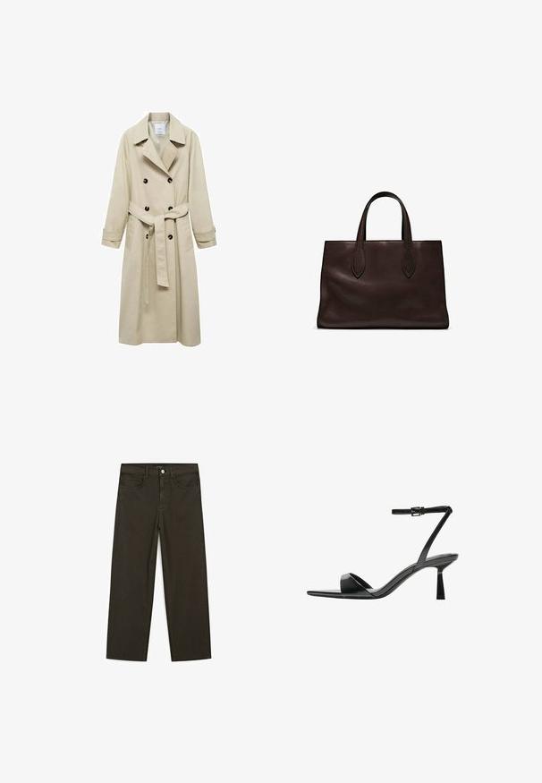 Beige trenchcoat lavet af bomuldsblanding, med dobbeltknaplukning, brede klapper, bæltestrop i taljen og to sidelommer.; Brun bomulds t-shirt, korte ærmer, rund halsudskæring, afslappet pasform, glat tekstur, minimalistisk design, ingen synlige mønstre eller accenter.; Mørkegrønne brede jeans lavet af en bomuldsblanding, med en frontlukning med knap, fem lommer og klassisk denim-syning.; Bershka Højhælede sandaletter / Højhælede sandaler - black; Brun læder tote bag med to forlængede håndtag, struktureret rektangulær form, glat overflade og subtile syninger.