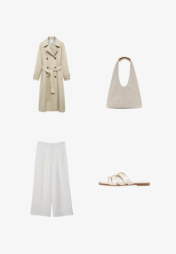 Beige trenchcoat lavet af bomuldsblanding, med dobbeltknaplukning, brede klapper, bæltestrop i taljen og to sidelommer.; Lys beige kortærmet t-shirt med rund halsudskæring, lavet af blødt, glat stof. Har en afslappet pasform og lige forneden.; Hvide vidde bukser lavet af letvægtsstof, med en elastisk talje og snøre for justerbar pasform. Glat tekstur.; Flade sandaler med en lys gummisål, designet med tre overlappende hvide læderremme og en lille sløjfe detalje i midten.; Lysegrå lædertaske med et U-formet design og et buet metallisk håndtag. Glat tekstur med minimal syning og ingen synlige mønstre.