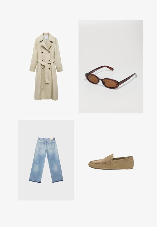 Manteau trench beige en mélange de coton, avec fermeture à boutons croisés, grands revers, taille ceinturée et deux poches latérales.; T-shirt blanc à manches courtes en coton ; présente une coupe décontractée, un col rond et aucun motif ou accent visible.; Jean large bleu clair avec un design délavé, comportant deux poches arrière et un ourlet cousu. Fabriqué en matériau denim.; Mocassins pour hommes en daim beige clair avec un bout mocassins cousu et une lanière, semelle plate en caoutchouc, profil latéral sur fond blanc.; Lunettes de soleil rondes teinte brun avec une monture bordeaux brillante. Branches fines avec un détail de marque subtil. Design de verres plats.; Sac hobo en daim marron avec une forme décontractée, doté d'une poignées supérieure incurvée et de détails en panneaux triangulaires à l'avant et à l'arrière.