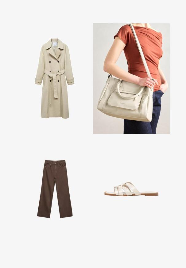 Beige trenchcoat lavet af bomuldsblanding, med dobbeltknaplukning, brede klapper, bæltestrop i taljen og to sidelommer.; Hvid kortærmet t-shirt lavet af bomuld. Har en rund halsudskæring og en afslappet pasform. Glat tekstur uden synlige mønstre eller detaljer.; Bredde ben brun denim jeans med høj talje, forlommer og klassisk knaplukning. Glat tekstur med diskret syninger.; Flade sandaler med en lys gummisål, designet med tre overlappende hvide læderremme og en lille sløjfe detalje i midten.; Hvid lædertaske med dobbelte hanke og en aftagelig skulderrem, der har en lynlåslomme foran og en glat overflade. Bæres på en persons arm.