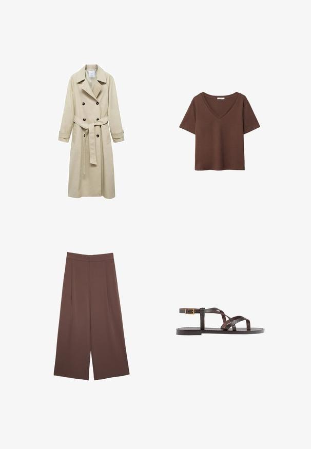 Bež trench kaput od mješavine pamuka, s dvostrukim kopčanjem na dugmadi, širokim reverima, remenom u struku i dva bočna džepa.; Smeđa pamučna majica kratkih rukava s dubokim V-izrezom. Jednostavan dizajn, mekana tekstura i ravni rub. Bez uzoraka ili naglasaka.; Smeđe hlače širokog kroja s glatkom teksturom, koje imaju visok struk i nabore sprijeda. Tkanina je lagana i slobodno se kreće.; Smeđe kožne sandale s iskrižanim trakama, umetkom za zapešće s kopčanjem i ravnim potplatom s minimalnim detaljima šivanja.