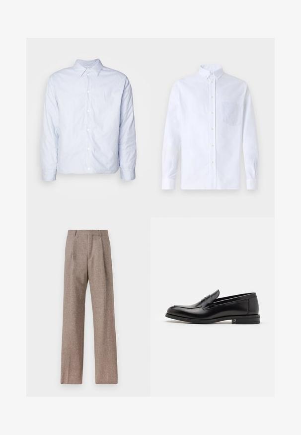 Blå og hvidstribet skjorte med knap, lange ærmer, klassisk krave, lavet af bomuldsstof, med hvide knapper foran og manchetter.; Hvid langærmet skjorte med knapper lavet af bomuld, med en brystlomme med tonal broderi, krave og knapmanchetter.; Brune, højtaljede bukser lavet af tekstureret stof. Har brede ben og to frontfoldninger for struktur. Pæn finish uden synlig hardware.; Sorte læderloafers med en glat overflade, rund tå og en dekorativ strop over vampen. Lav hæl med stabeldesign, minimalistisk stil.