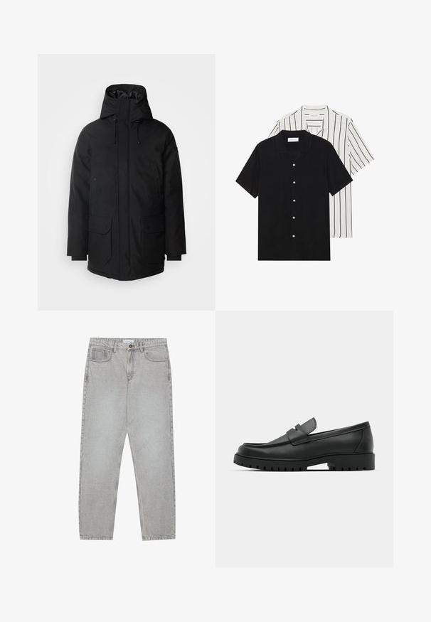 Schott Vinterkåpe / -frakk - black; To korte ermer skjorter: en i ensfarget svart, en hvit med svarte vertikale striper. Begge har knappelukkinger og klassisk krage.; Lys grå denimbukser med rett ben-design, fem lommer og knappelukking. Synlig søm langs sømmene.; Sorte lærloafere med rund tå, med en syddesign, lav plattformsåle og en teksturert, ruggede gummisåle.