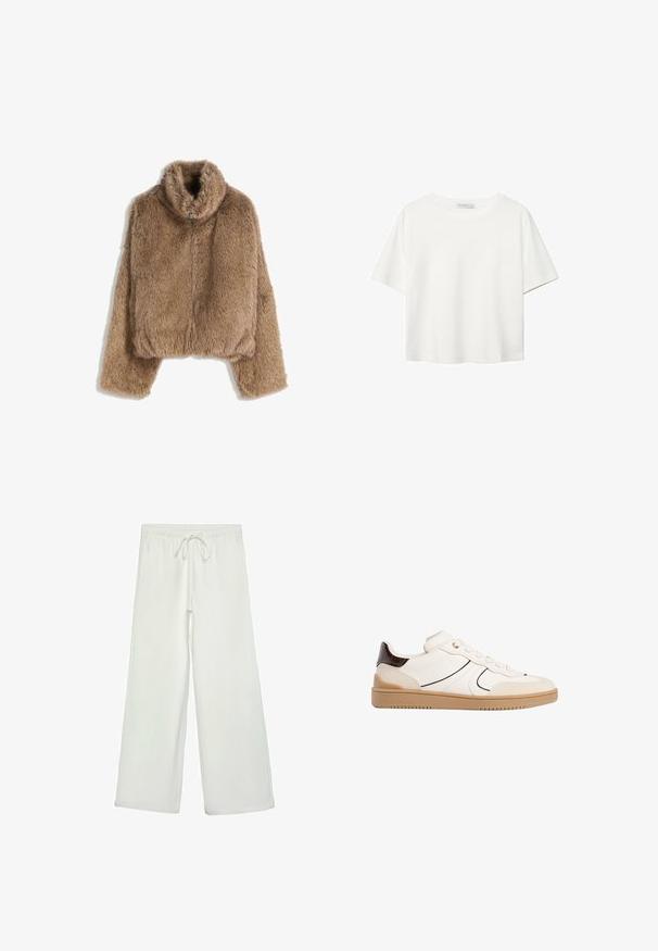 Brun faux fur-jacka med långa ärmar och hög krage, med en fram zippered stängning.; Vit t-shirt med kort ärm i bomull. Har en rundad halsringning och en avslappnad passform. Slät textur utan synliga mönster eller detaljer.; Vita vida byxor i mjukt tyg. Har en elastisk midja med dragsko och en slät yta. Inga synliga mönster eller metalldetaljer.; Stradivarius Sneakers - white