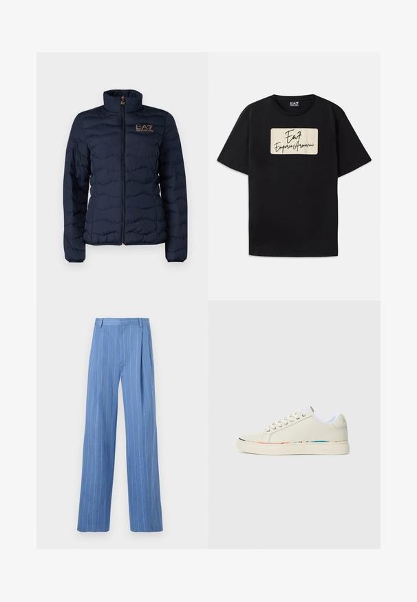 EA7 Emporio Armani Winter jacket - navy; Black cotton t-shirt featuring a rectangular brand logo in a cream color with handwritten-style text. Short sleeves and a standard fit.; Light blue wide-leg trousers with vertical white stripes. Made of smooth material, featuring a front pleat and a clean waistband design.; Off-white low-top sneaker with lace-up design, white interior lining, and subtle multicolor trim along the sole edge, side view.