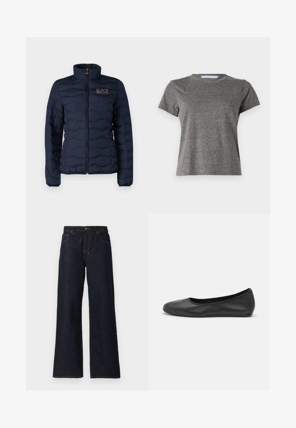 EA7 Emporio Armani Jachetă de iarnă - navy; Mother LIL GOODIE GOODIE TEE - Tricou basic - grey; Jeans largi de culoare albastru închis, confecționați din denim, cu cusături portocalii, două buzunare frontale și închidere cu buton la talie.; Balerini din piele neagră, cu vârf rotund, textură netedă, detalii de cusătură minimale și un design al tălpii flexibil.