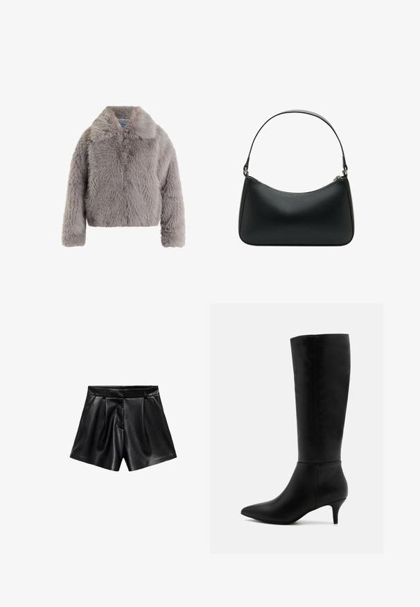 Grå faux fur jakke med krave, lynlås foran og lange ærmer. Blød, fluffy tekstur, cropped design.; Grå turtleneck sweater lavet af et blødt, tekstureret materiale med en afslappet pasform. Har ribbede detaljer ved krave, ærmer og kant. Enkel design.; Sorte lædershorts med høj talje, plissee foran og sidelommer. Glat tekstur med en poleret finish.; Anna Field Høje støvler/ Støvler - black; Sort læder skuldertaske med en buet form, enkelt fladt rem og lynlås lukning øverst. Glat tekstur med minimale hardware detaljer.