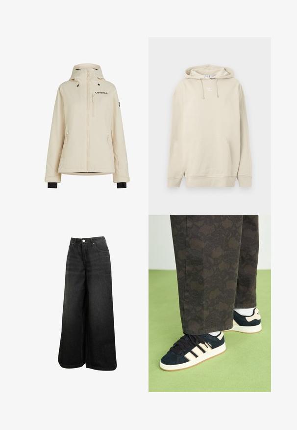 Beige wasserfeste Jacke mit abnehmbarer Kapuze, zwei seitlichen Reißverschlusstaschen und einer Reißverschlusstasche auf der Brust; mit schwarzem Logo und verstellbaren Bündchen.; Beige Kapuzenpullover aus Baumwolle mit einer Vorderseite-Tasche, gerippten Bündchen und einem kleinen weißen Logo auf der Brust. Weiche Textur.; Schwarze weit geschnittene Jeans mit hoher Taille, Frontknopf, Taschen und dezentem Logo auf der Vorder-Tasche.; Schwarze und gemusterte Hosen kombiniert mit marineblauen Wildledersneakern, die cremefarbene Streifen und weiße Sohlen haben. Die abgebildeten Oberflächen sind strukturiert und flach.