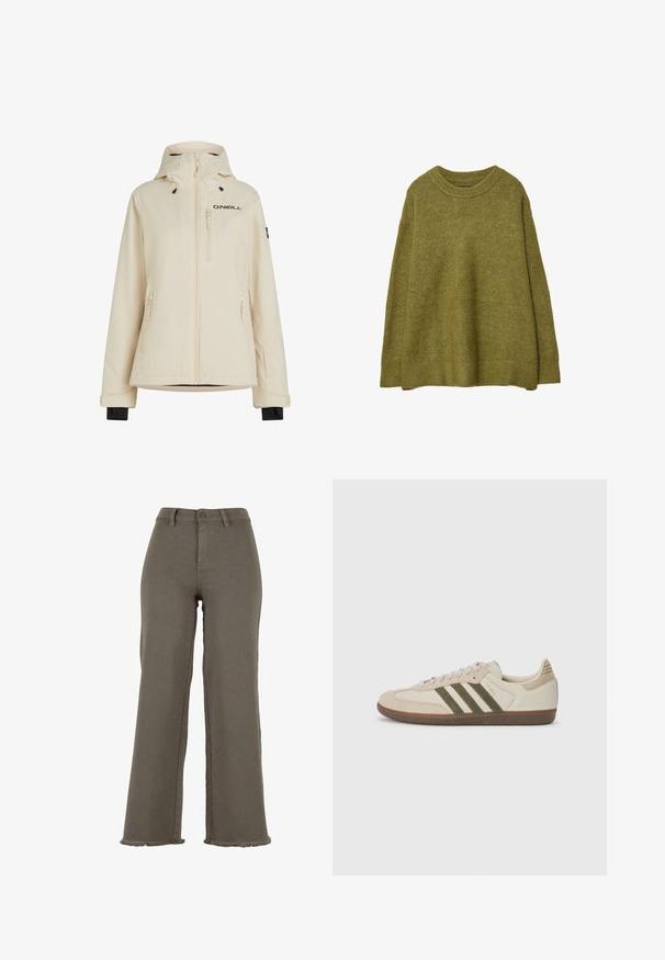 Béžová nepremokavá bunda s odnímateľnou kapucňou, dvoma postrannými zipsovými vreckami a zipsovým vreckom na hrudníku; má čierne logo a nastaviteľné manžety.; Olívovozelený nadrozmerný pletený sveter s rebrovaným posádkovým golierom a lemom. Tkanina má jemnú textúru s jemným leskom. Voľný strih, dlhé rukávy.; Olive zelené široké nohavice vyrobené z denimu, s gombíkovým zapínaním, roztrhnutými lemami a prednými vreckami. Hladká textúra po celom povrchu.; adidas Originals SAMBA OG UNISEX - Tenisky - alumina/medium dark khaki/gum