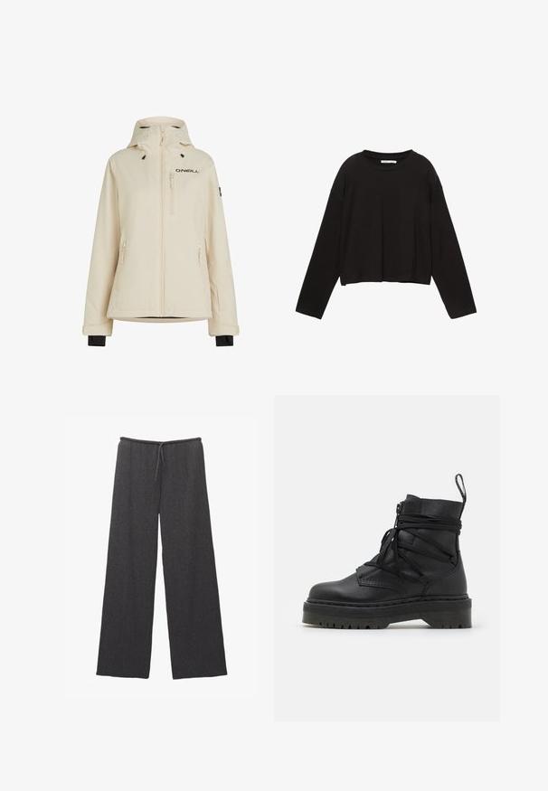 Beige waterdichte jas met een afneembare capuchon, twee zijzakken met rits en een borstzak met rits; beschikt over een zwart logo en verstelbare manchetten.; Zwarte lange mouwen cropped shirt gemaakt van zachte katoen. Heeft een ronde halslijn en een losse pasvorm met verlaagde schouders. Geen zichtbare patronen of accenten.; Wijdvallende broek in donkergrijs, met een gestructureerde stof en een elastische tailleband met een trekkoord. Eenvoudig en minimalistisch ontwerp.; Zwarte leren enkelboot met een chunky, gestructureerde zool, voorzien van een ritssluiting, vetersluiting en een trekkoord aan de achterkant.