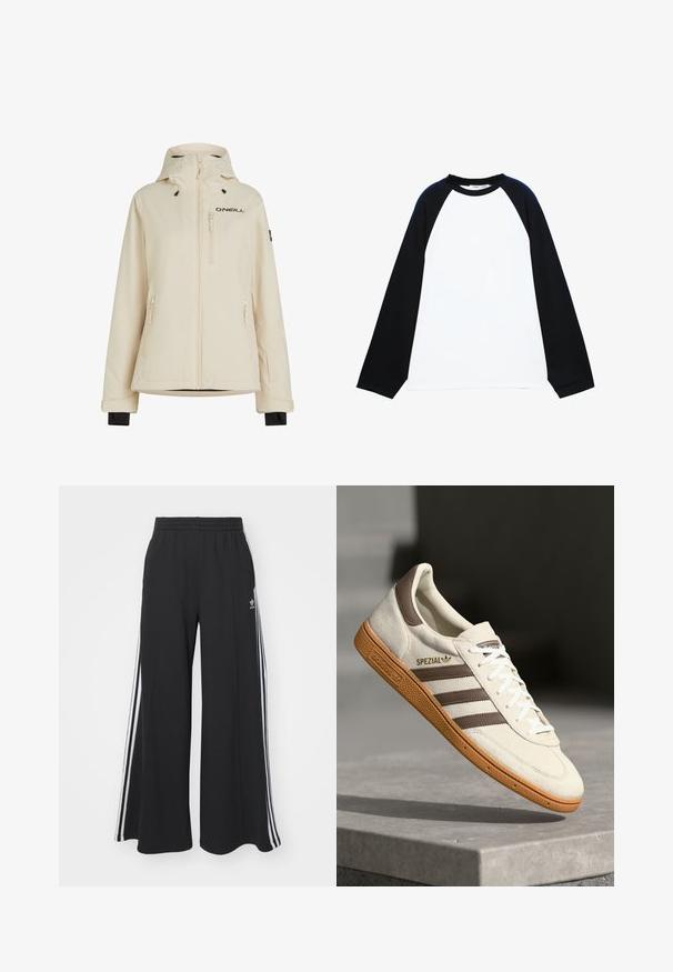 Beige waterproof jacket with a detachable hood, two side zip pockets, and a zip chest pocket; features black logo and adjustable cuffs.; Long-sleeve raglan t-shirt with a white body and black sleeves. Made of soft fabric with a crew neckline and stitched cuffs.; Black wide-leg sweatpants with an elastic waistband, featuring white side stripes and an embroidered logo on the left thigh.; White suede sneaker with brown leather accents, three brown stripes, and white laces. Features a textured gum sole and gold "SPEZIAL" logo.