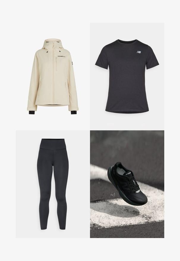 Beżowa wodoodporna kurtka z odpinanym kapturem, dwiema bocznymi kieszeniami na zamek i kieszenią na zamek na klatce piersiowej; zawiera czarne logo i regulowane mankiety.; Czarny t-shirt z krótki rękawem, wykonany z miękkiej tkaniny, z małym szarym logo New Balance na górnej lewej części klatki piersiowej, klasyczny krój z okrągłym dekoltem.; Czarne legginsy o wysokim stanie, wykonane z elastycznego materiału, charakteryzujące się gładką fakturą i dopasowanym krojem, z minimalną ilością szwów.; Czarne buty do biegania z teksturowaną cholewką, smukłym designem i odblaskowymi akcentami. Posiadają miękką, amortyzującą podeszwę dla komfortu.