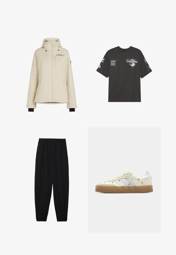Veste imperméable beige avec capuche amovible, deux poches zippées sur les côtés et une poche zippée sur la poitrine ; comporte un logo noir et des poignets ajustables.; T-shirt en coton noir avec des manches courtes, un col rond, des graphismes imprimés incluant du texte et des motifs lunaires sur le devant et les manches.; Pantalons noirs légers avec une taille élastique et des chevilles froncées. Le tissu est lisse et présente un design décontracté et fuselé.; Baskets crème avec des rayures bleu clair, semelle en caoutchouc, et accents décoratifs en forme de fleurs jaunes sur le matériel supérieur. Design à bout arrondi.