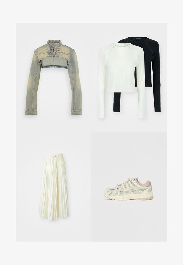 Kuttet denimjakke i lys blå, med lange ermer, høy krage og dobbel spenne foran. Falmet tekstur gjennom hele jakken.; To lange ermer topper, en i hvit og en i svart. Begge har rund hals og dekorative glidelåser på skulderen. Glatt stoff.; Plisse midi-skjørt i lys gul stoff, med elastisk midjebånd med knyting, glatt tekstur og vertikale striper for ekstra detaljer.; Lys beige treningssko med mesh-paneler og en polstret såle. Den har snøring, rund tå og gullfargede detaljer på siden.