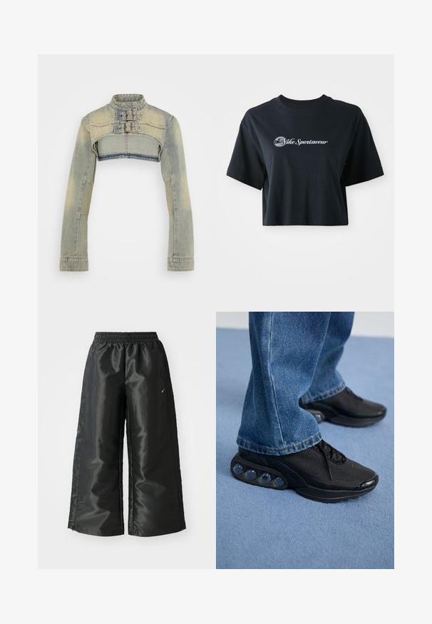 Krčen jakna iz denima v svetlo modri barvi, z dolgimi rokavi, visokim ovratnikom in dvema zaponkama spredaj. Po celotni površini ima izblit tip.; Skrajno odrezana črna bombažna majica s kratkimi rokavi, z belim napisom "Vice Sportswear" in krožno grafiko spredaj.; Črne atletske hlače iz sijočega, gladkega blaga, z elastiko v pasu, širokimi nogami in majhnim logotipom na levi strani.; Črne športne superge z mrežastim zgornjim delom, teksturiranimi poudarki in vidnimi zračnimi blazinicami v podplatu. Obute z modrimi kavbojkami.