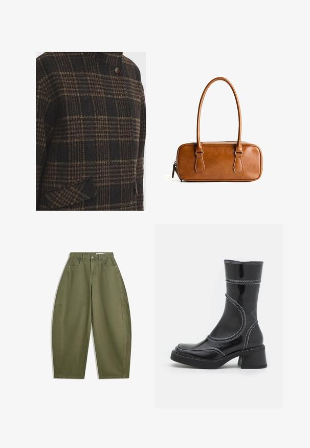 Ullrock i ett mörkt rutmönster med bruna, svarta och beige nyanser; har en hög krage och en enda knappstängning, strukturerad yta.; Ljusgrå hoodie i mjukt tyg, med en framficka av typ kangaroo, justerbar huva och ribbade ärmslut och nederkant.; Olivgröna vida byxor i bomull med hög midja, framfickor och en slät yta. Inga dekorationer eller mönster.; Svart lackläder ankelboot med vit sömnad, rund tå och blockklack. Har böjda designlinjer och en slät textur.; Brun läderhandväska med två långa handtag, rektangulär form, slät yta, dragkedjestängning och detaljer i silverfärgad metall.