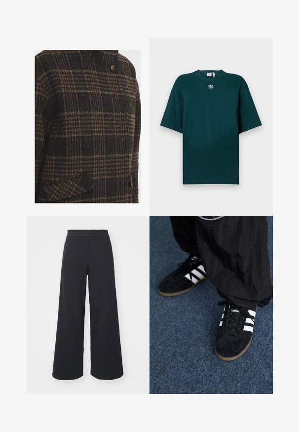 Wollen jas in een donker ruitpatroon met bruine, zwarte en beige tinten; heeft een hoge kraag en een enkele knoopsluiting, gestructureerde afwerking.; Donkergroen oversized katoenen T-shirt met korte mouwen en een ronde hals, voorzien van een wit Adidas-logo op de borst.; Zwarte wijde sweatpants gemaakt van zachte stof, met een elastische tailleband en een klein logo aan de linkerkant.; Zwarte suède sportschoenen met drie witte strepen en zwarte veters. Een gestructureerde zwarte broek is deels zichtbaar naast de schoenen.