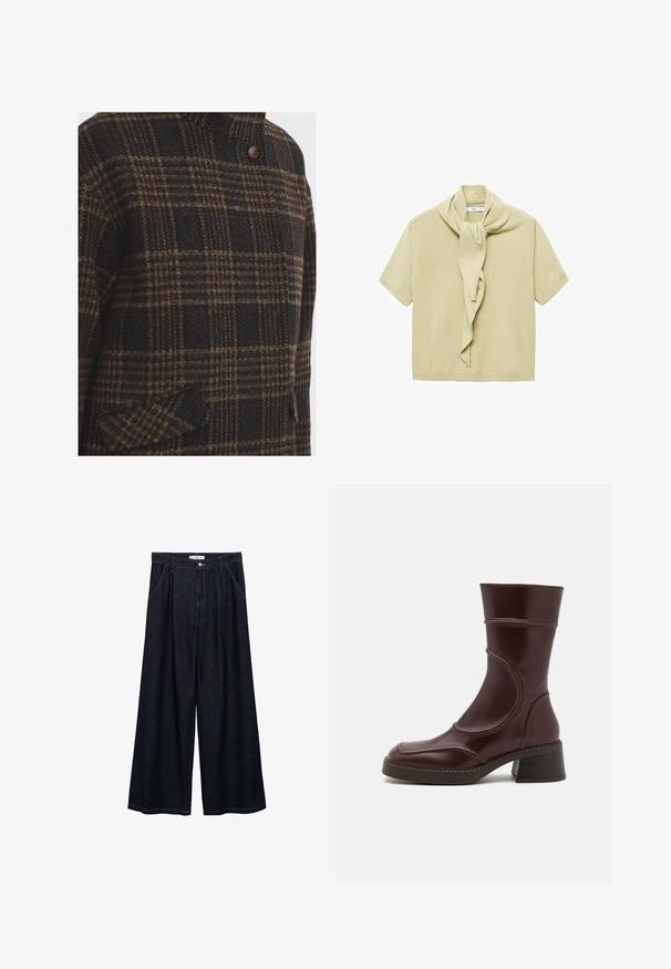 Wool coat in a dark check pattern with brown, black, and beige hues; features a high collar and a single button closure, textured finish.; Light beige short-sleeve knit top with attached scarf detail draped around the neckline.; Dark denim wide-leg trousers with a high waist, featuring a front button closure, two side pockets, and stitching details.; MIISTA MALENE - Classic ankle boots - brown