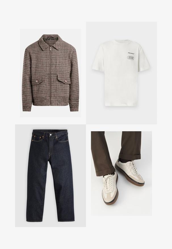 Hundtandsmönstrad jacka i bruna och svarta nyanser, med en framdragkedja, två bröstfickor och en klassisk kragdesign.; Vit bomullströja med korta ärmar, rundad halsringning och grafik på framsidan: McLaren-logotypen och en ytterligare oval logotyp med text.; Mörkblå denimjeans med rak passform, fem fickor, kontrasterande orange sömmar och knappgylf. Inga synliga mönster eller dekorationer.; Beige sneakers med en texturerad mockafront, släta lädersidor och en brun gummisula. Snörning och ljusa sömdetaljer ingår.