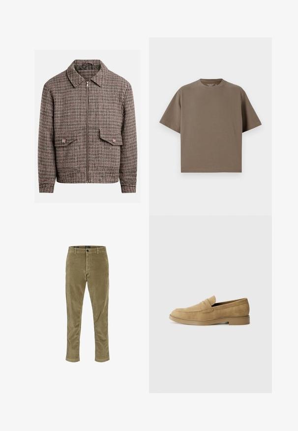 Veste à motif pied-de-poule dans des tons de brun et de noir, avec une fermeture éclair à l'avant, deux poches poitrine et un col classique.; T-shirt marron à manches courtes en tissu doux avec encolure ronde. Présente une coupe décontractée et des détails de ourlet simples.; Jack & Jones JWHACE JJHARVEY - Pantalon classique - elmwood; Mocassins en daim beige avec un bout arrondi, un petit talon carré et des détails brodés sur la tige. Texture lisse et design minimaliste.