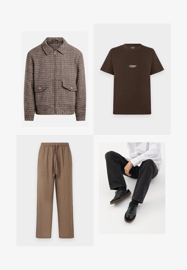 Houndstooth-gepatroneerde jas in bruin- en zwarte tinten, met een voorrits, twee borstzakken en een klassiek kraagontwerp.; Bruine katoenen t-shirt met korte mouwen, ronde hals en een klein wit logo op de borst. Soepele textuur en regular fit.; Bruine, lichtgewicht, geweven broek met een gestructureerde afwerking. Voorzien van een elastische tailleband en een trekkoord voor een verstelbare pasvorm. Rechtonder ontwerp.; Zwarte sneakers met een glad en textuur detail, voorzien van een rubberen zool en donkere veters. Gecombineerd met zwarte jeans en een wit gestreept shirt.