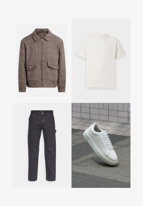 Houndstooth-gepatroneerde jas in bruin- en zwarte tinten, met een voorrits, twee borstzakken en een klassiek kraagontwerp.; Witte korte mouwen T-shirt met ribbelstructuur. Ronde hals, ontspannen pasvorm, geen zichtbare patronen of accenten. Eenvoudig en veelzijdig ontwerp.; Donkergrijze cargobroek van duurzaam materiaal, met een rechte pijp, vijf zakken en een knoopsluiting in de taille.; Witte leren sneaker met een glad oppervlak, ronde neus en platte witte veters. Voorzien van een gestructureerde rubberen zool en minimale ontwerpelementen.