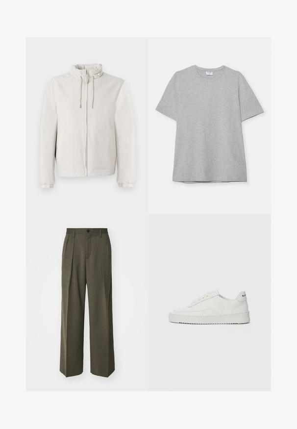 Svijetlosmeđi sako od mekog materijala, s patentnim zatvaračem, podesivim vezicama na ovratniku i elastičnim manžetama.; Siva majica s kratkim rukavima napravljena od mekane, teksturirane tkanine. Ima klasičan izrez oko vrata i ravni rub, prikladna za svakodnevno nošenje.; Filippa K WIDE TROUSERS - Hlače - driftwood; Bijele kožne tenisice s glatkom površinom, okruglim vrhom, ravnim vezicama i teksturiranom potplatom. Imaju suptilan logo na peti.