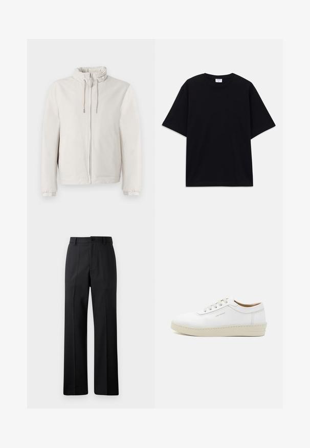 Ljusbeige jacka i mjukt tyg, med dragkedja, justerbara dragsko i kragen och elastiska ärmslut.; Svart kortärmad oversized T-shirt med rund halsringning och synlig Filippa K-märkesetikett inuti kragen.; Svarta raka byxor med bälteshällor, framknapp och dragkedja, visade mot en enfärgad vit bakgrund.; Vita lädersneakers med texturerad yta, rund tå, beige gummisula och sex grå snörhål, med subtil branding på sidan.