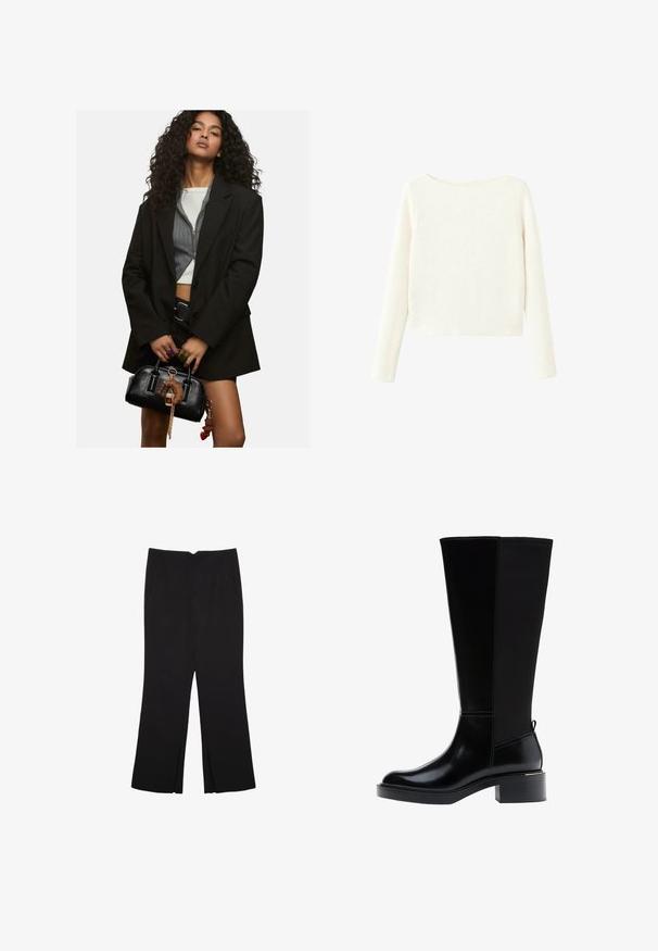 Junge Frau mit lockigem Haar, die ein geschichtetes schwarzes Blazer und ein kurzes Oberteil trägt, hält eine schwarze Handtasche mit Schlüsselanhänger-Anhänger.; Weißer, langärmeliger, gerippter Strickpullover mit leicht bootförmigem Ausschnitt und geradem Saum.; Schwarze Hose mit geradem Schnitt, ausgestattet mit Fronttaschen und Seitenschlitzen am Saum. Hergestellt aus weichem, glattem Stoff. Geeignet für verschiedene Anlässe.; Schwarzer kniehoher Stiefel aus glattem Leder, mit markanten Nähten, klobigem Absatz und einer strukturierten Rückseite für zusätzlichen Akzent.